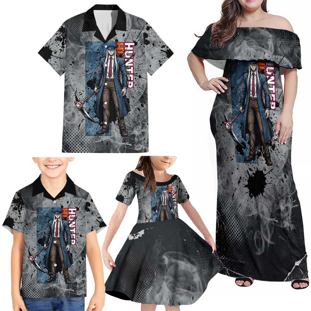 Chrollo Theme Gray Ink Splash Design Family Matching Off Shoulder Maxi Dress and Hawaiian Shirt with Cross Weapon and Monochrome Aura Artwork
