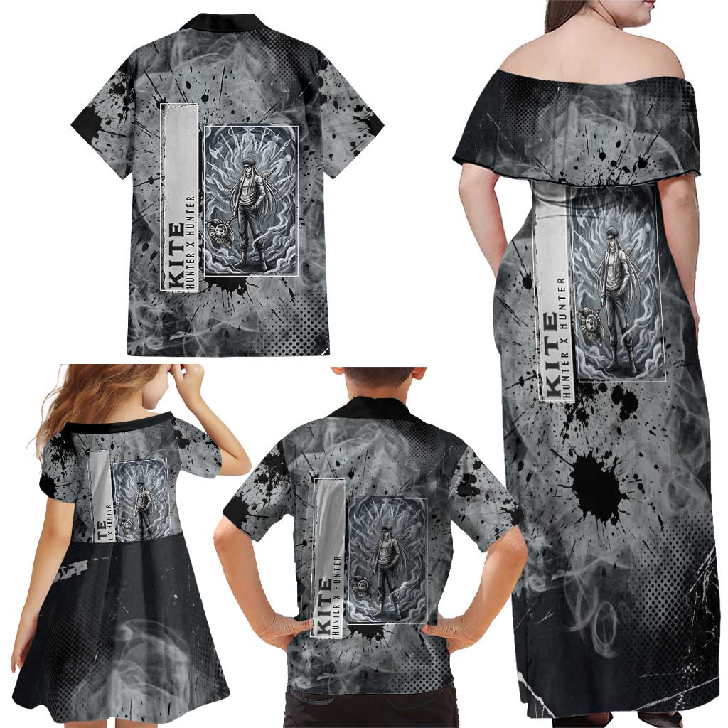 Chrollo Theme Gray Ink Splash Design Family Matching Off Shoulder Maxi Dress and Hawaiian Shirt with Cross Weapon and Monochrome Aura Artwork