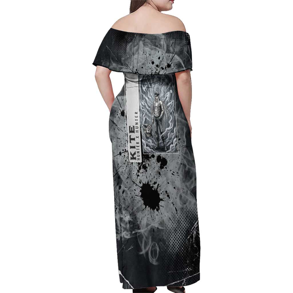 Chrollo Theme Gray Ink Splash Design Family Matching Off Shoulder Maxi Dress and Hawaiian Shirt with Cross Weapon and Monochrome Aura Artwork