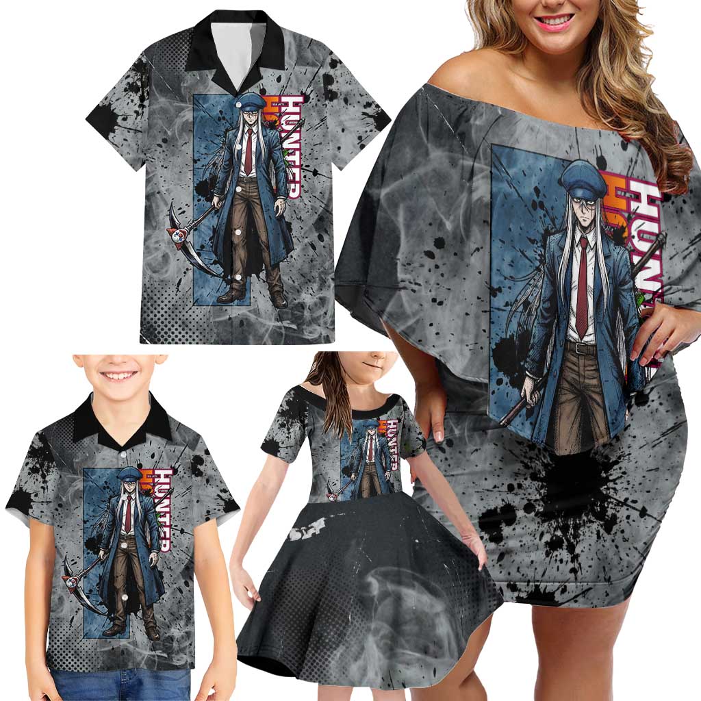 Chrollo Theme Gray Ink Splash Design Family Matching Off Shoulder Short Dress and Hawaiian Shirt with Cross Weapon and Monochrome Aura Artwork