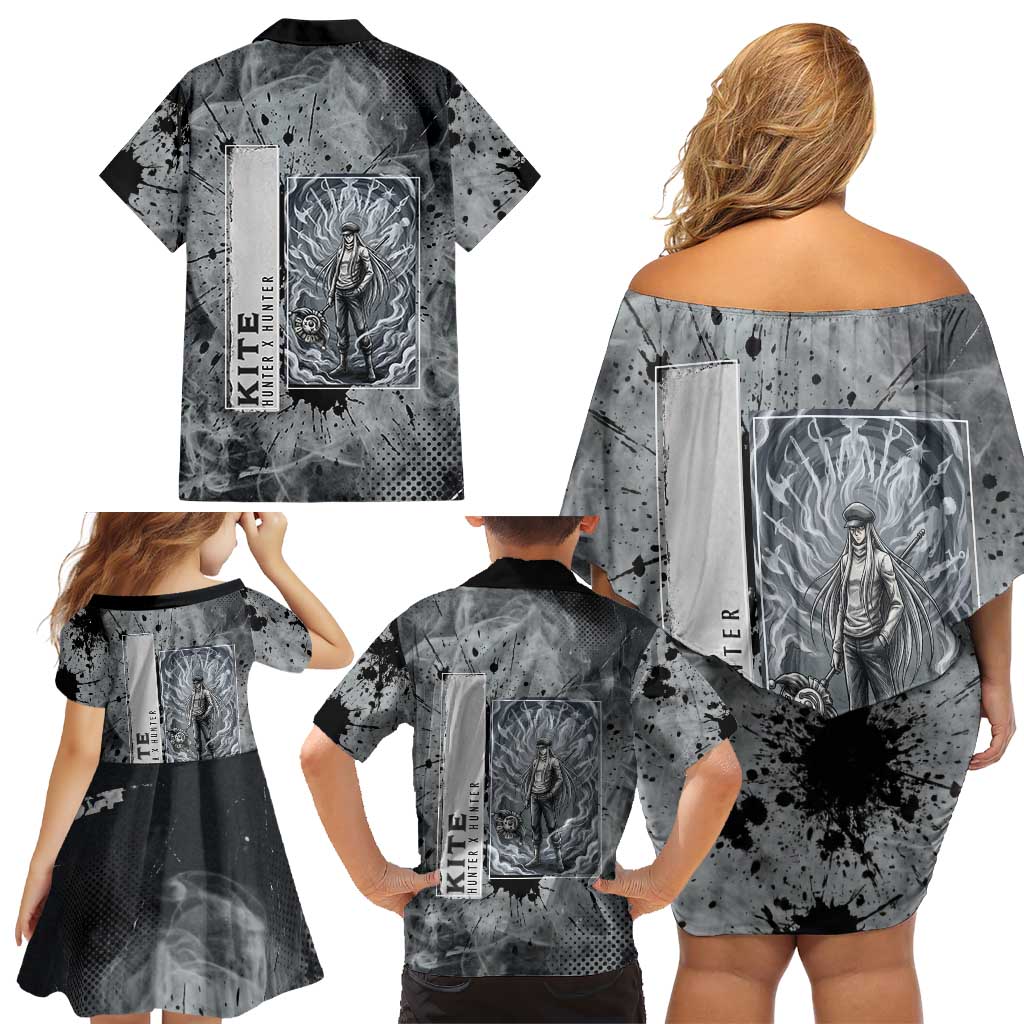 Chrollo Theme Gray Ink Splash Design Family Matching Off Shoulder Short Dress and Hawaiian Shirt with Cross Weapon and Monochrome Aura Artwork