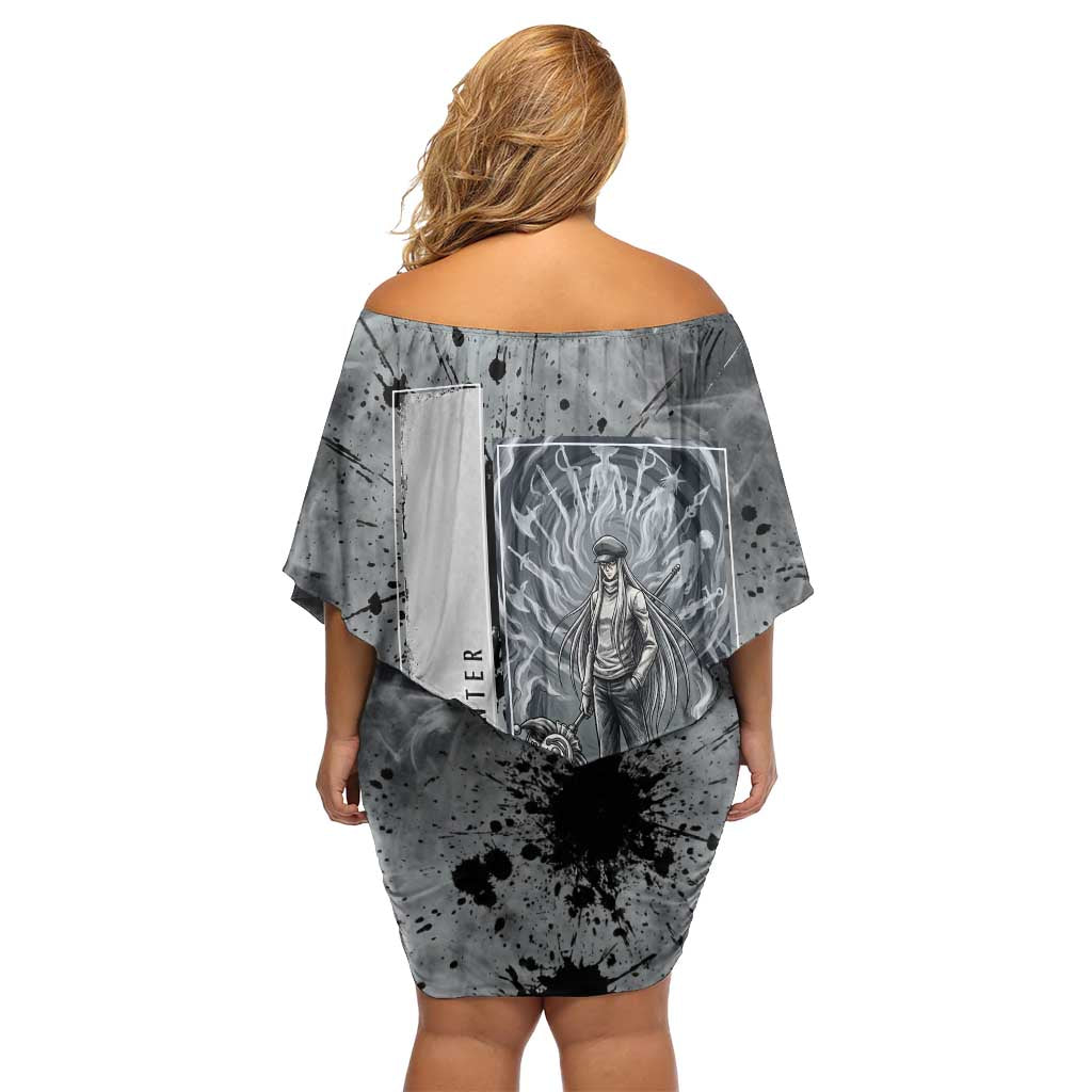 Chrollo Theme Gray Ink Splash Design Family Matching Off Shoulder Short Dress and Hawaiian Shirt with Cross Weapon and Monochrome Aura Artwork