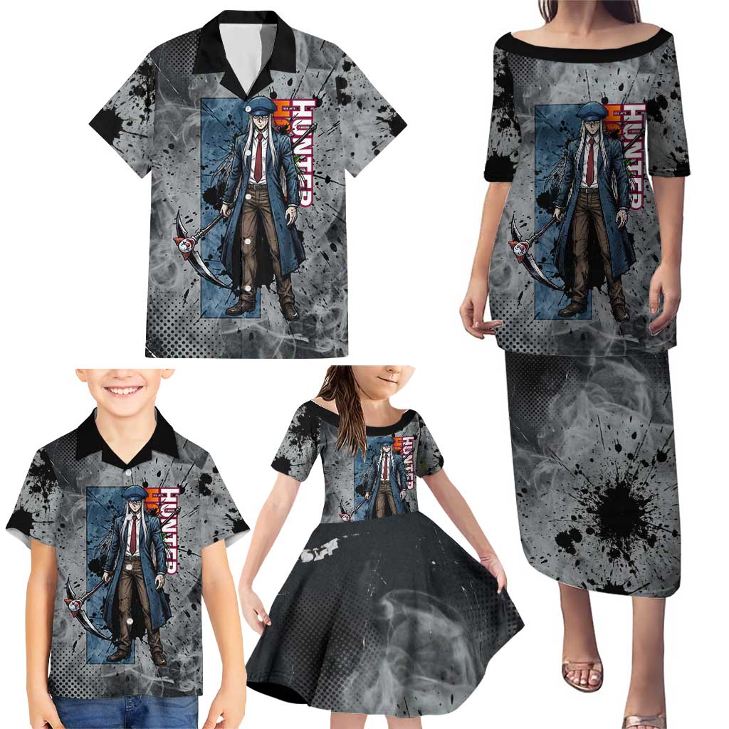 Chrollo Theme Gray Ink Splash Design Family Matching Puletasi and Hawaiian Shirt with Cross Weapon and Monochrome Aura Artwork