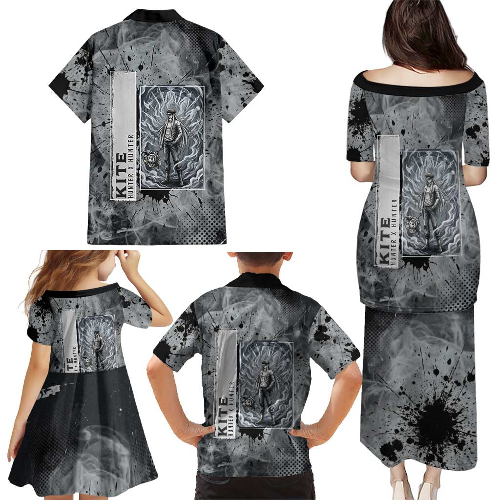 Chrollo Theme Gray Ink Splash Design Family Matching Puletasi and Hawaiian Shirt with Cross Weapon and Monochrome Aura Artwork