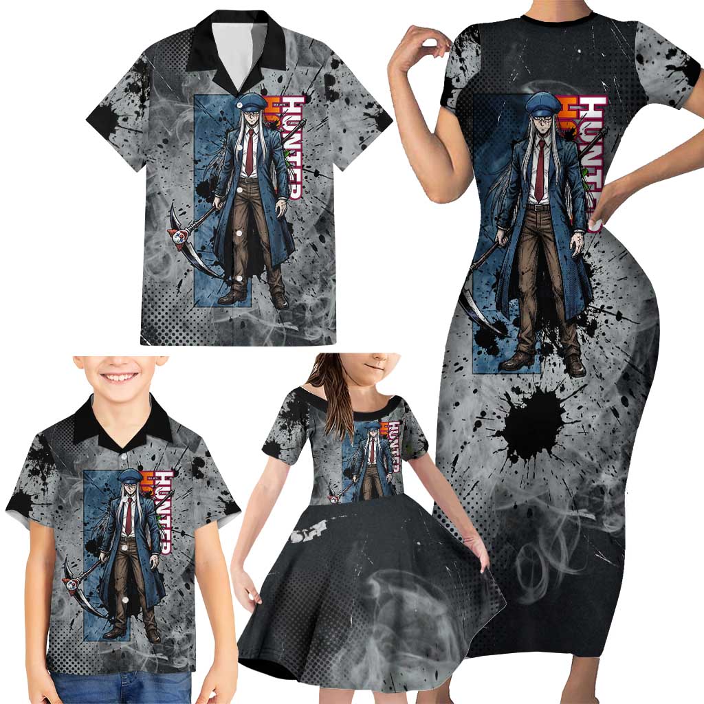 Chrollo Theme Gray Ink Splash Design Family Matching Short Sleeve Bodycon Dress and Hawaiian Shirt with Cross Weapon and Monochrome Aura Artwork