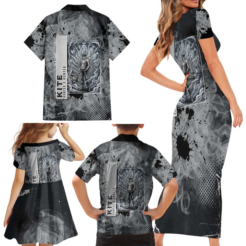 Chrollo Theme Gray Ink Splash Design Family Matching Short Sleeve Bodycon Dress and Hawaiian Shirt with Cross Weapon and Monochrome Aura Artwork