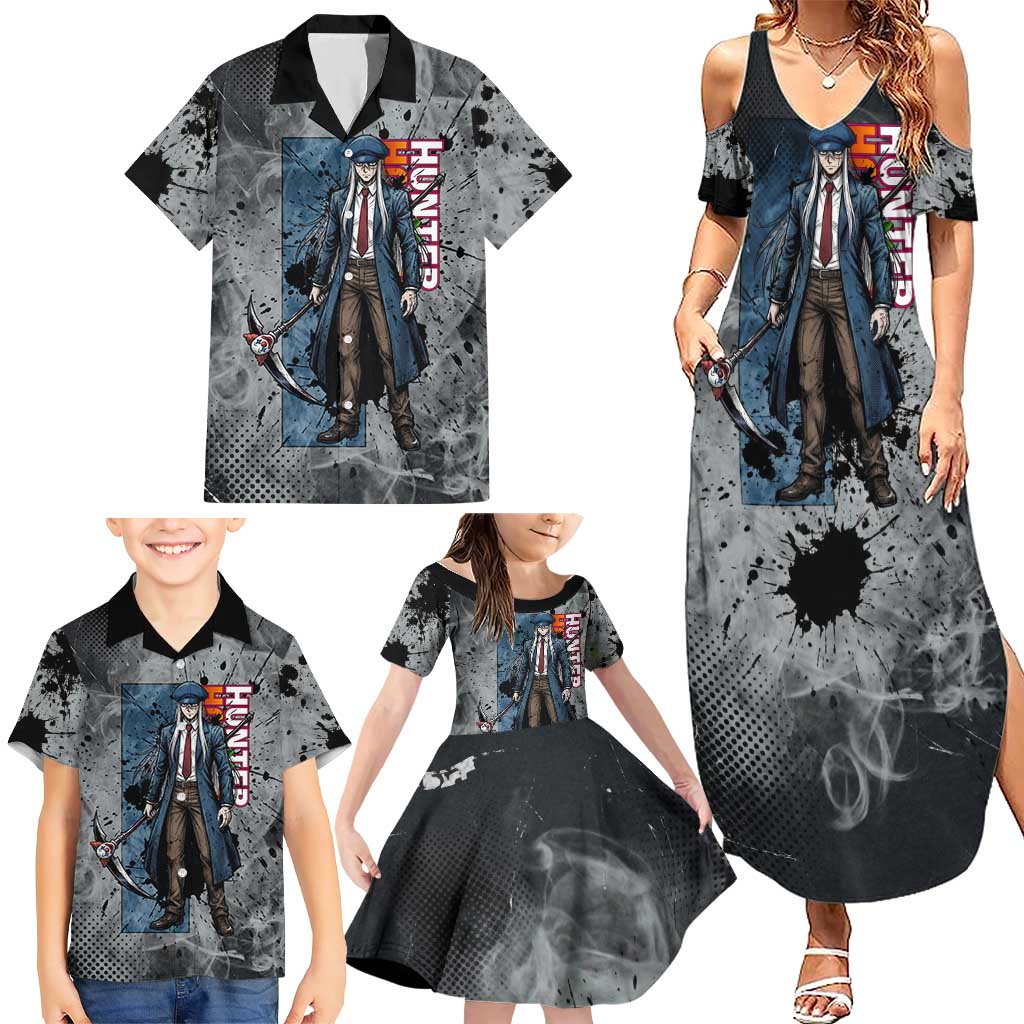 Chrollo Theme Gray Ink Splash Design Family Matching Summer Maxi Dress and Hawaiian Shirt with Cross Weapon and Monochrome Aura Artwork