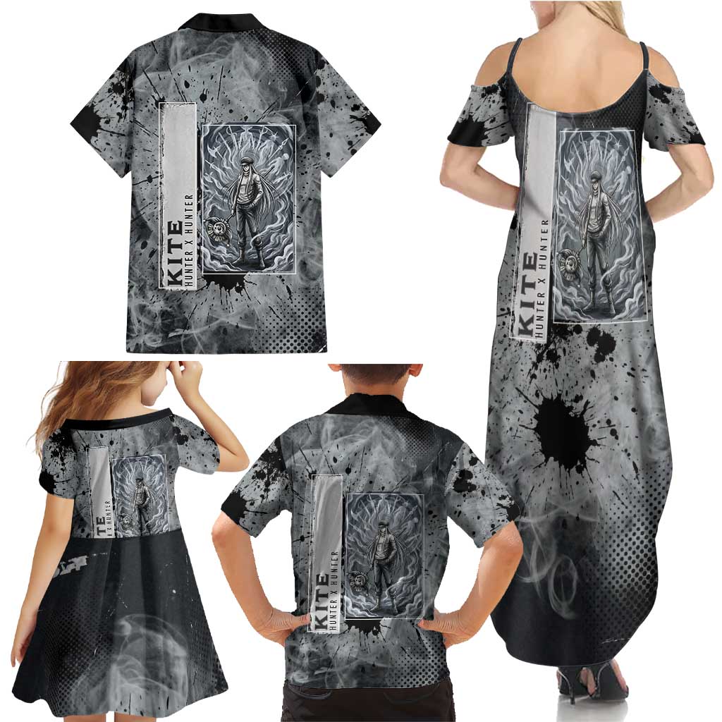 Chrollo Theme Gray Ink Splash Design Family Matching Summer Maxi Dress and Hawaiian Shirt with Cross Weapon and Monochrome Aura Artwork