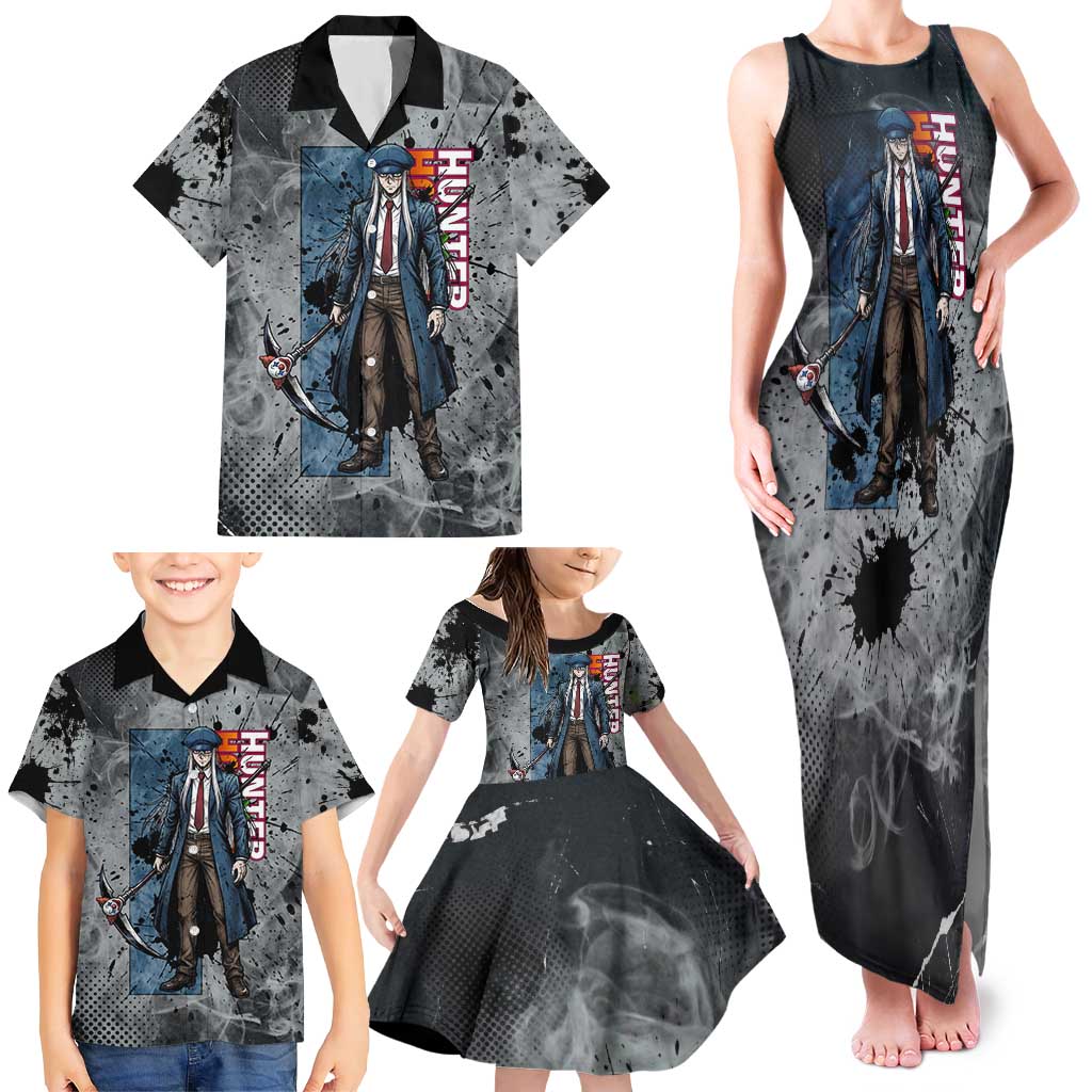 Chrollo Theme Gray Ink Splash Design Family Matching Tank Maxi Dress and Hawaiian Shirt with Cross Weapon and Monochrome Aura Artwork