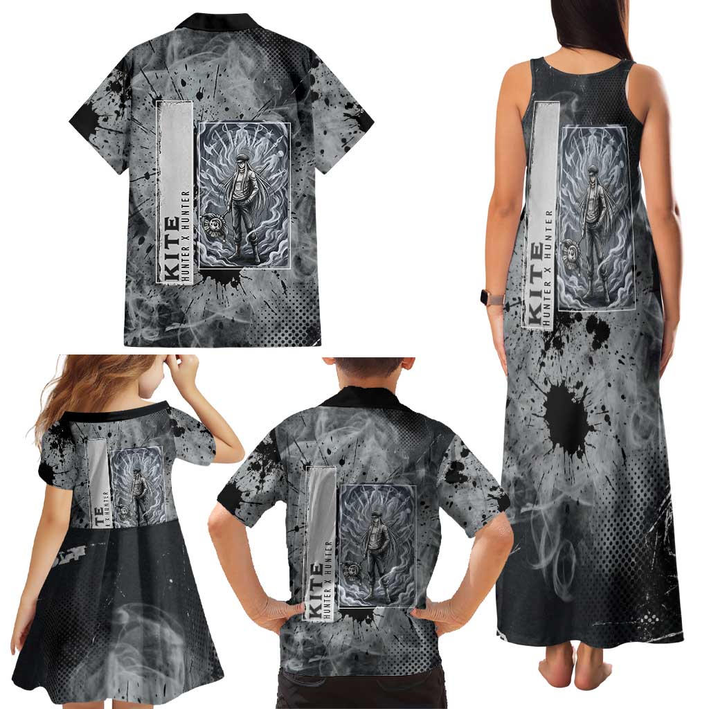 Chrollo Theme Gray Ink Splash Design Family Matching Tank Maxi Dress and Hawaiian Shirt with Cross Weapon and Monochrome Aura Artwork