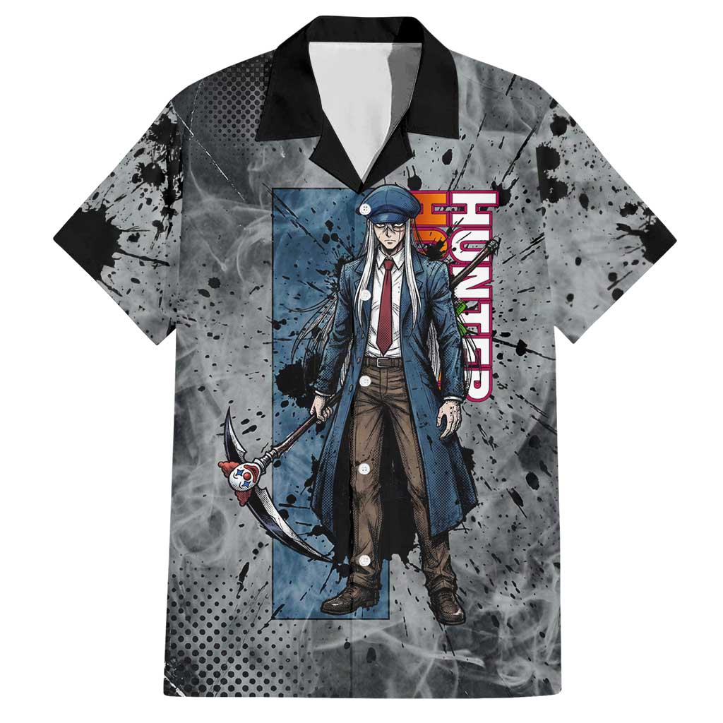 Chrollo Theme Gray Ink Splash Design Hawaiian Shirt with Cross Weapon and Monochrome Aura Artwork - The Mazicc