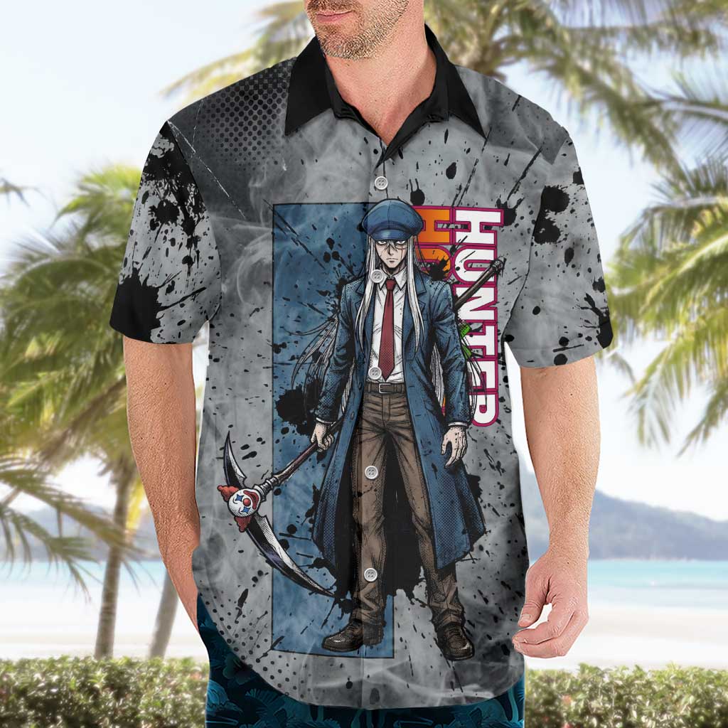Chrollo Theme Gray Ink Splash Design Hawaiian Shirt with Cross Weapon and Monochrome Aura Artwork - The Mazicc