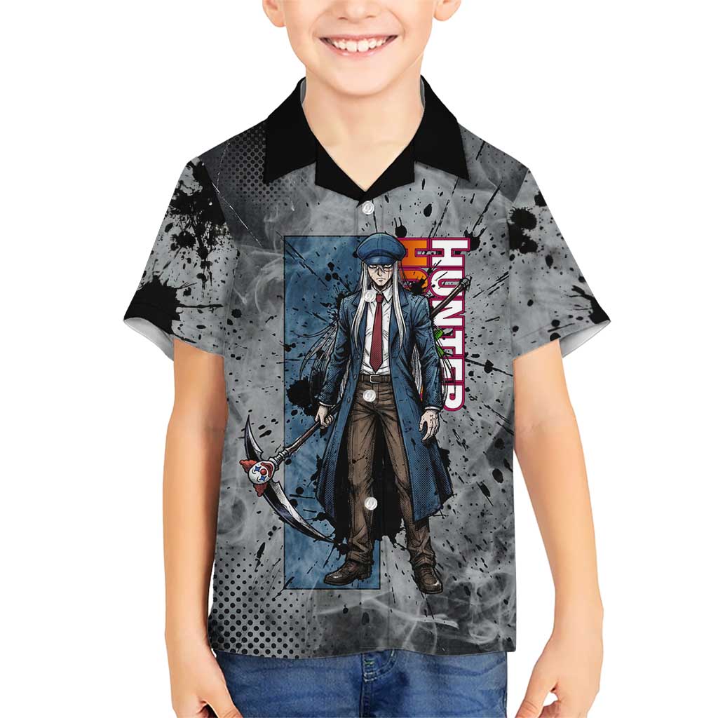 Chrollo Theme Gray Ink Splash Design Hawaiian Shirt with Cross Weapon and Monochrome Aura Artwork - The Mazicc
