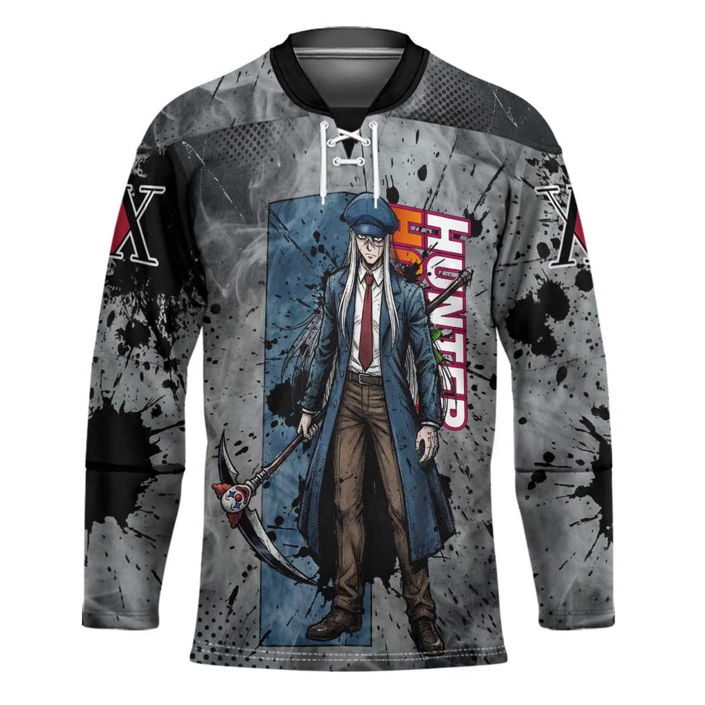 Chrollo Theme Gray Ink Splash Design Hockey Jersey with Cross Weapon and Monochrome Aura Artwork - The Mazicc