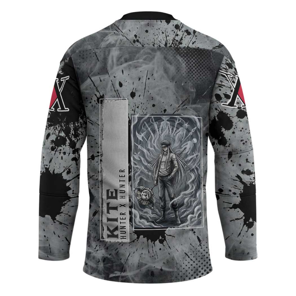 Chrollo Theme Gray Ink Splash Design Hockey Jersey with Cross Weapon and Monochrome Aura Artwork - The Mazicc
