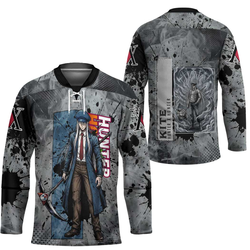 Chrollo Theme Gray Ink Splash Design Hockey Jersey with Cross Weapon and Monochrome Aura Artwork - The Mazicc
