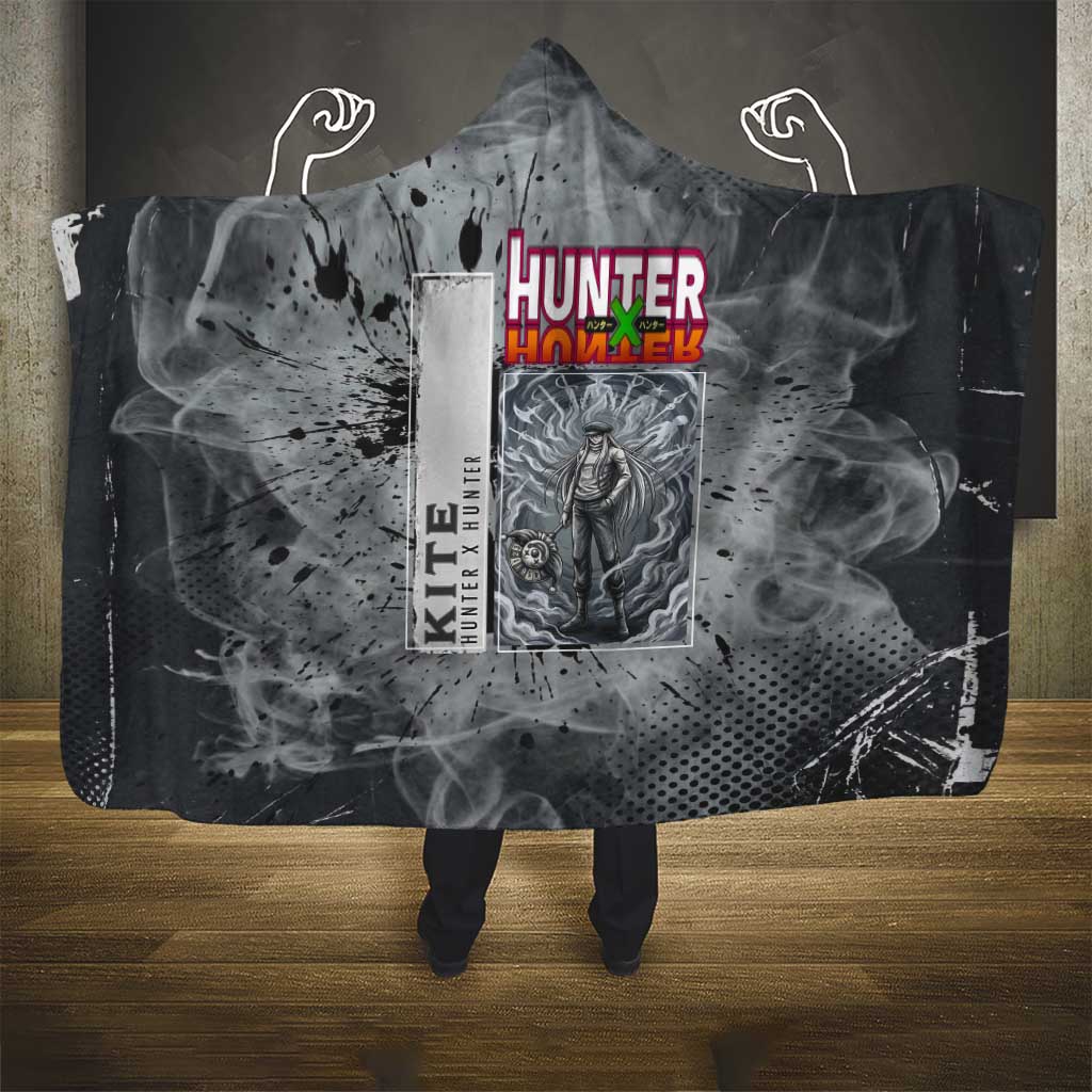 Chrollo Theme Gray Ink Splash Design Hooded Blanket with Cross Weapon and Monochrome Aura Artwork - The Mazicc