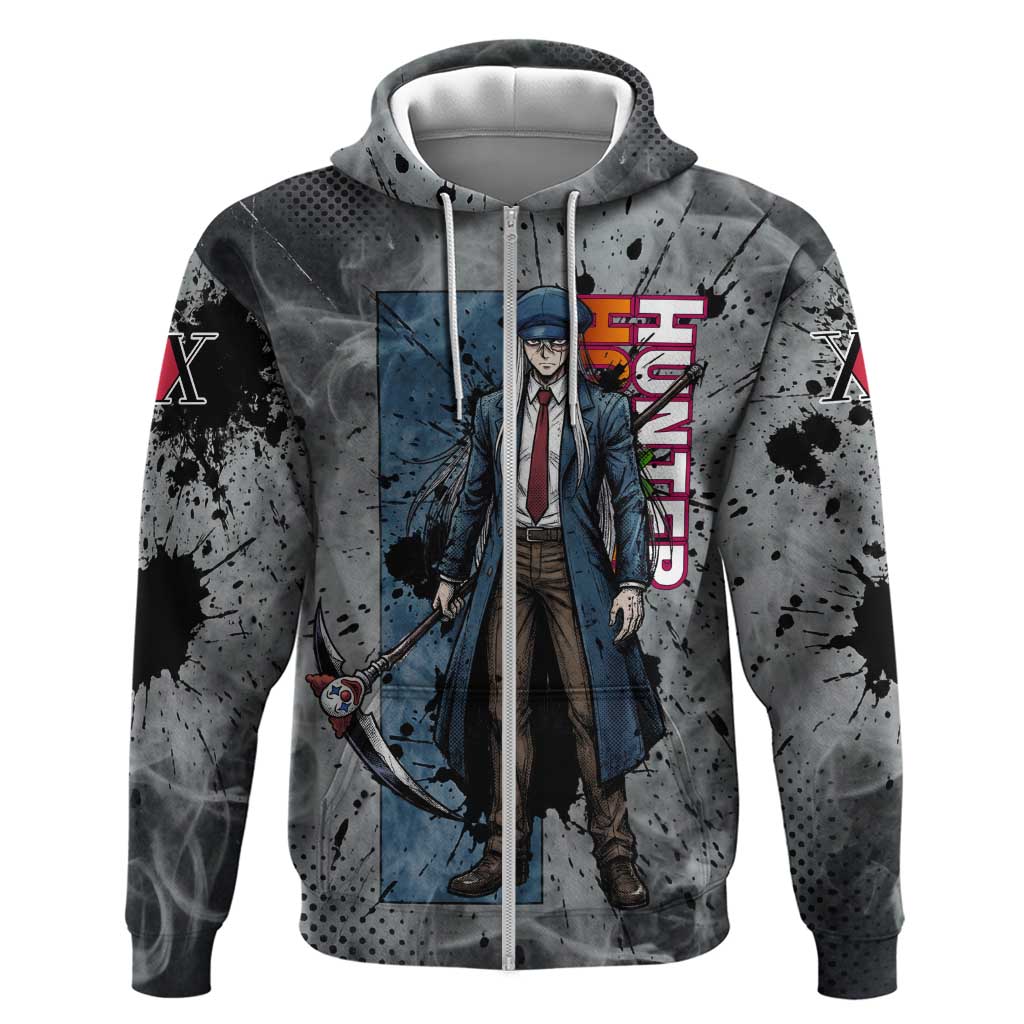 Chrollo Theme Gray Ink Splash Design Hoodie with Cross Weapon and Monochrome Aura Artwork - The Mazicc