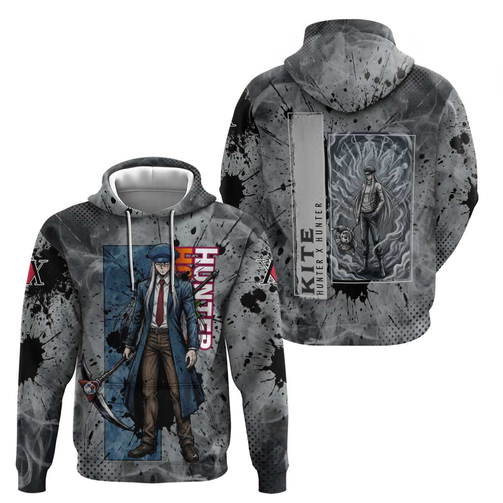 Chrollo Theme Gray Ink Splash Design Hoodie with Cross Weapon and Monochrome Aura Artwork - The Mazicc