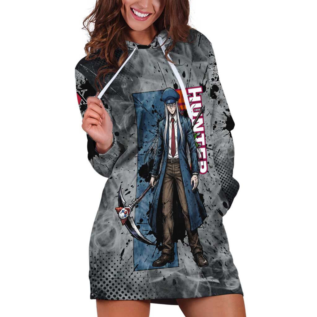 Chrollo Theme Gray Ink Splash Design Hoodie Dress with Cross Weapon and Monochrome Aura Artwork - The Mazicc
