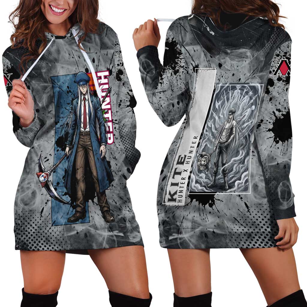 Chrollo Theme Gray Ink Splash Design Hoodie Dress with Cross Weapon and Monochrome Aura Artwork - The Mazicc