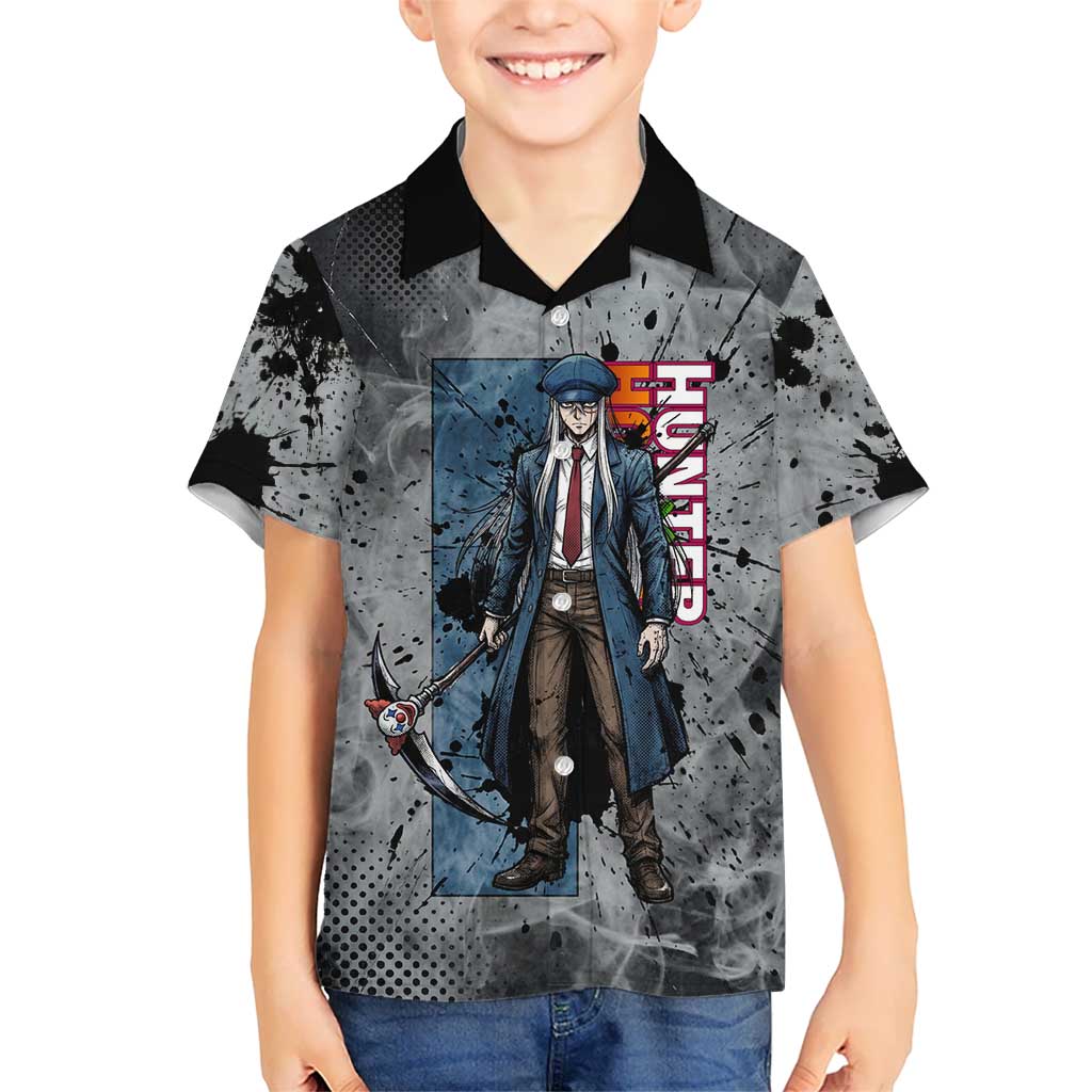 Chrollo Theme Gray Ink Splash Design Kid Hawaiian Shirt with Cross Weapon and Monochrome Aura Artwork - The Mazicc