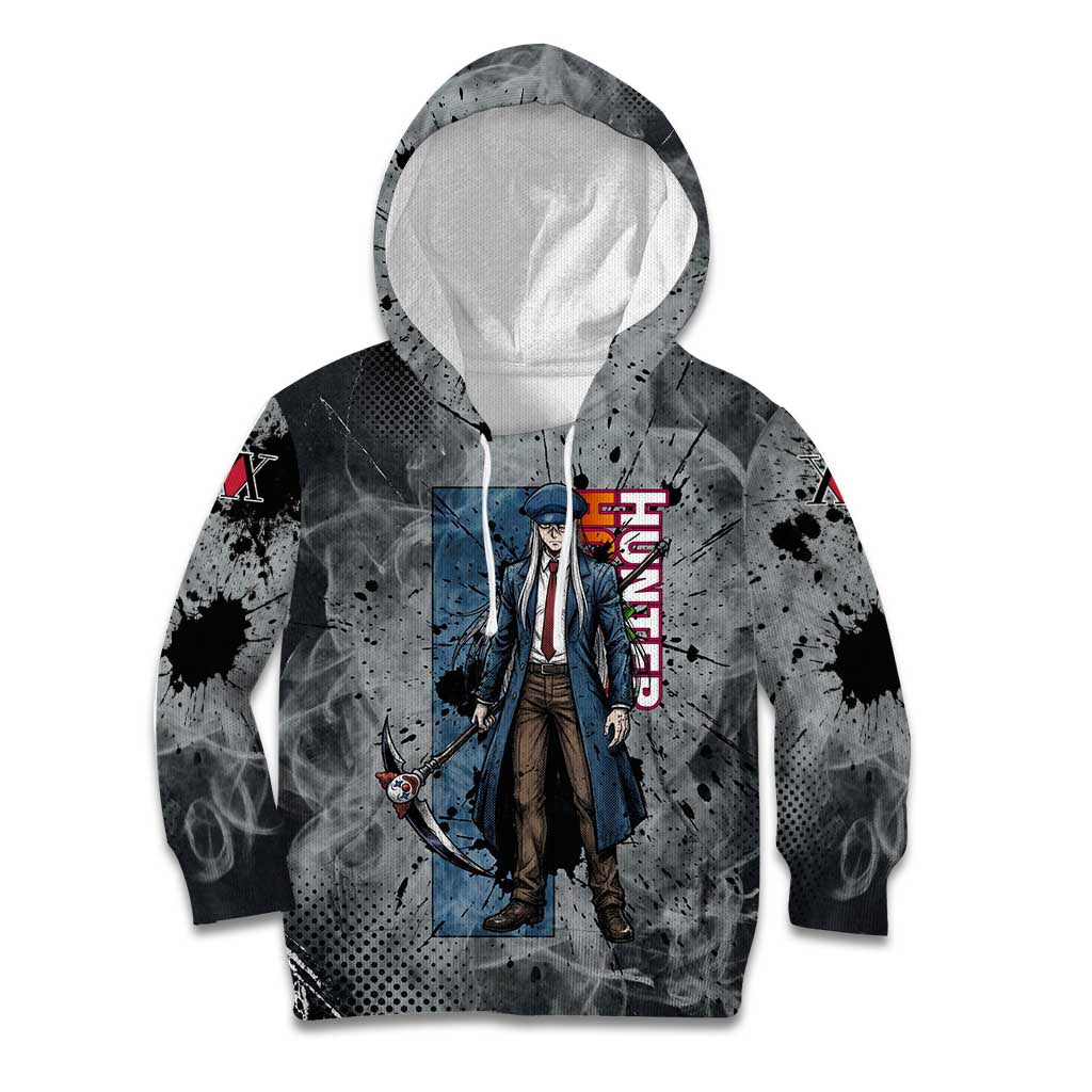 Chrollo Theme Gray Ink Splash Design Kid Hoodie with Cross Weapon and Monochrome Aura Artwork - The Mazicc