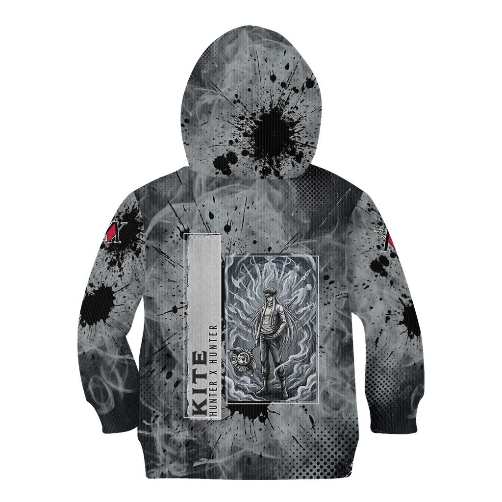 Chrollo Theme Gray Ink Splash Design Kid Hoodie with Cross Weapon and Monochrome Aura Artwork - The Mazicc