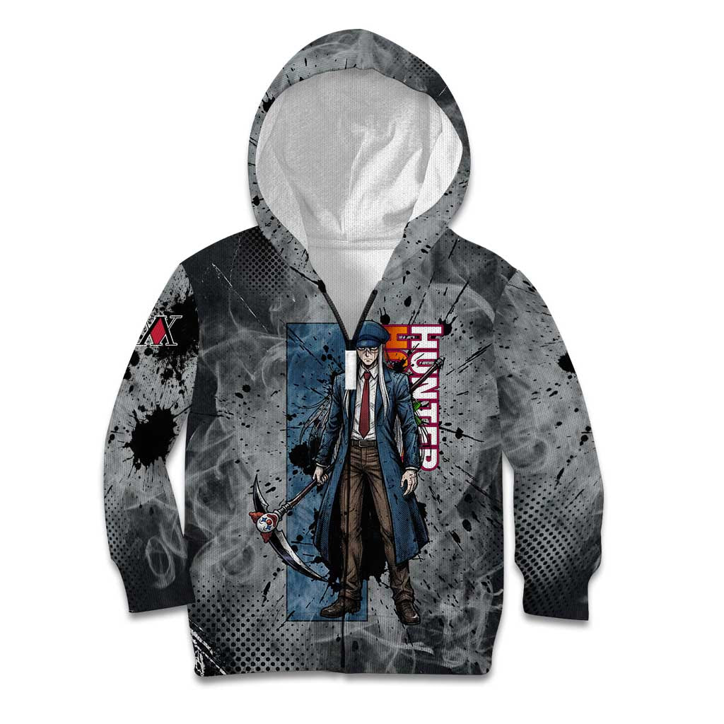 Chrollo Theme Gray Ink Splash Design Kid Hoodie with Cross Weapon and Monochrome Aura Artwork - The Mazicc