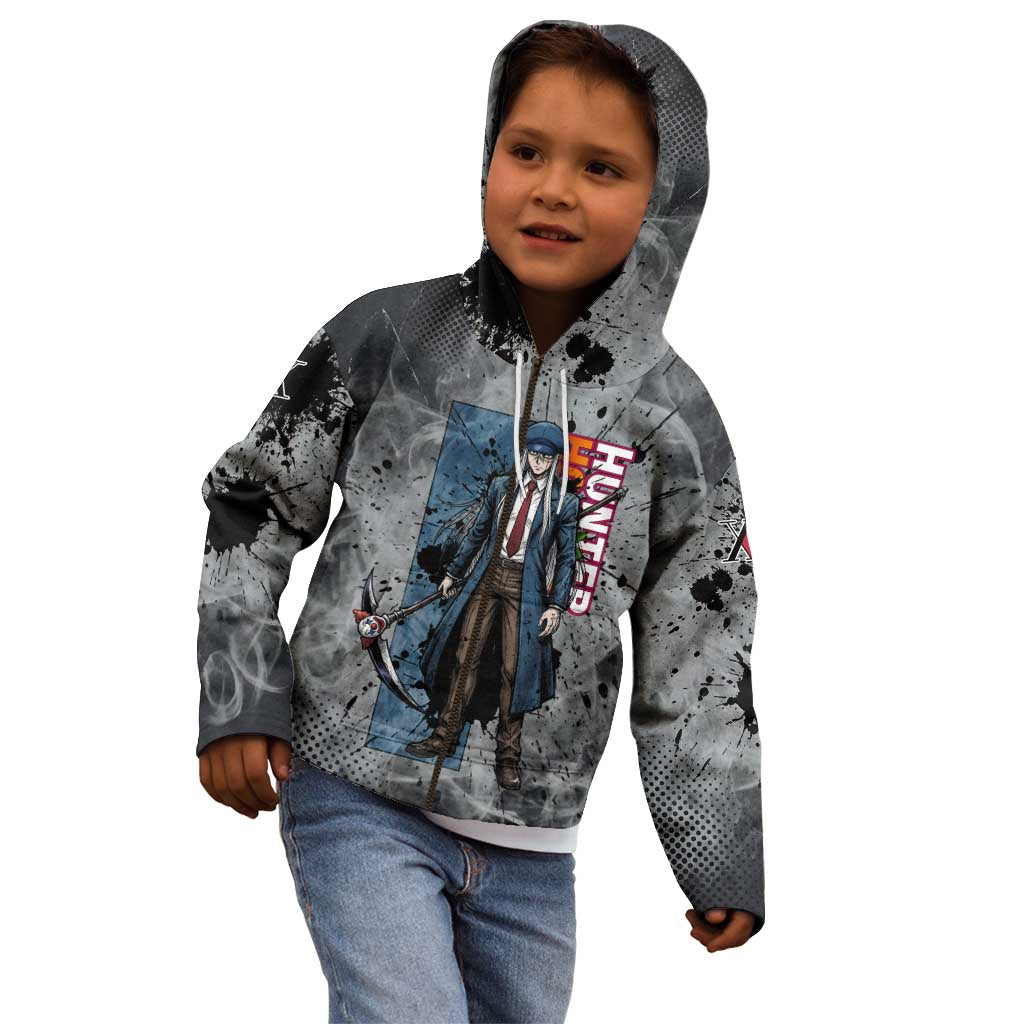 Chrollo Theme Gray Ink Splash Design Kid Hoodie with Cross Weapon and Monochrome Aura Artwork - The Mazicc