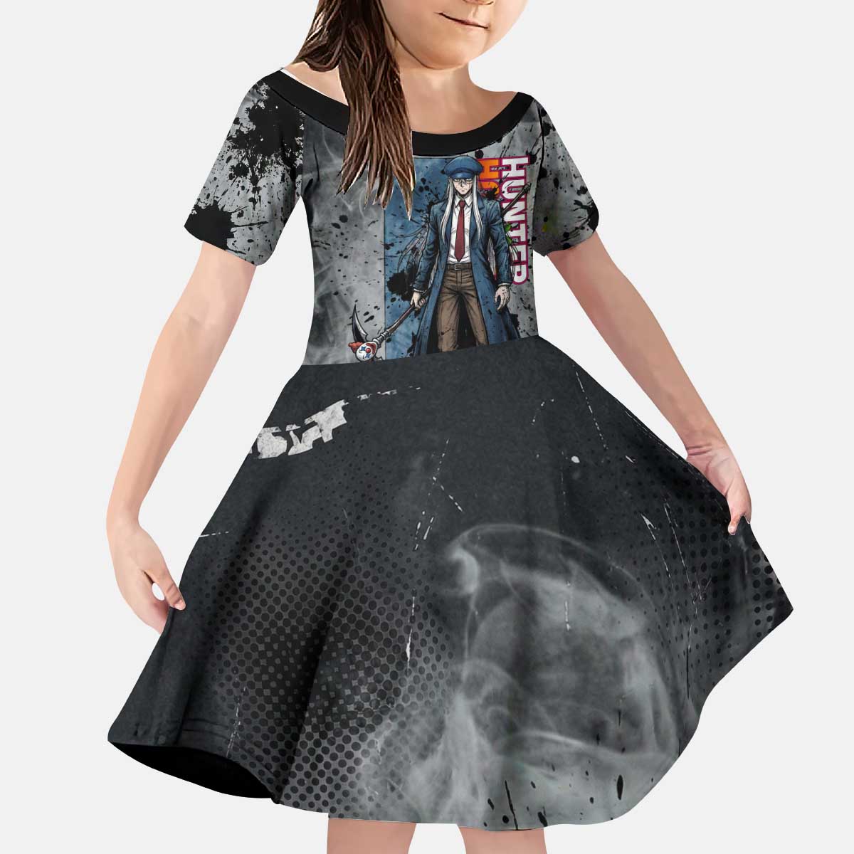 Chrollo Theme Gray Ink Splash Design Kid Short Sleeve Dress with Cross Weapon and Monochrome Aura Artwork - The Mazicc