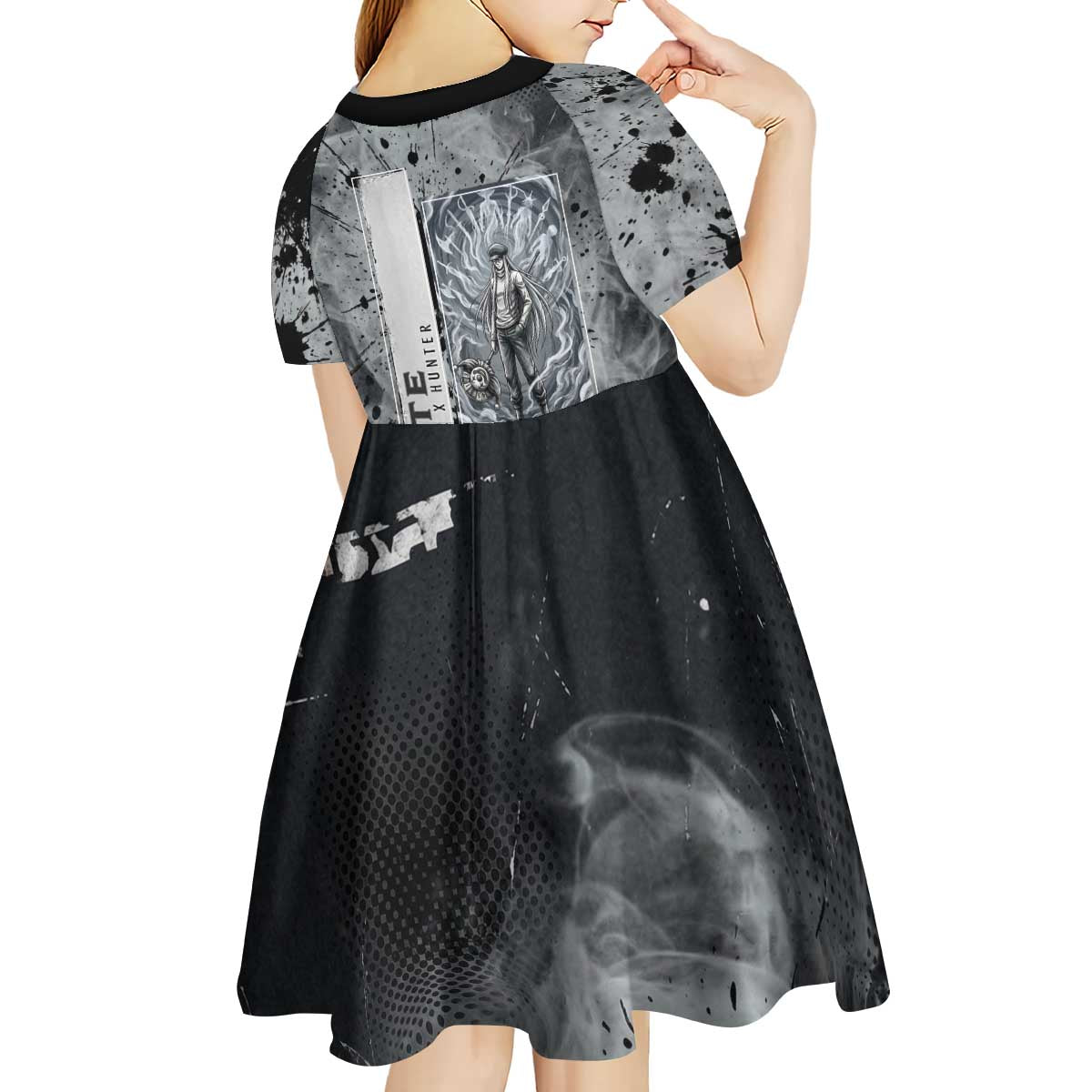 Chrollo Theme Gray Ink Splash Design Kid Short Sleeve Dress with Cross Weapon and Monochrome Aura Artwork - The Mazicc