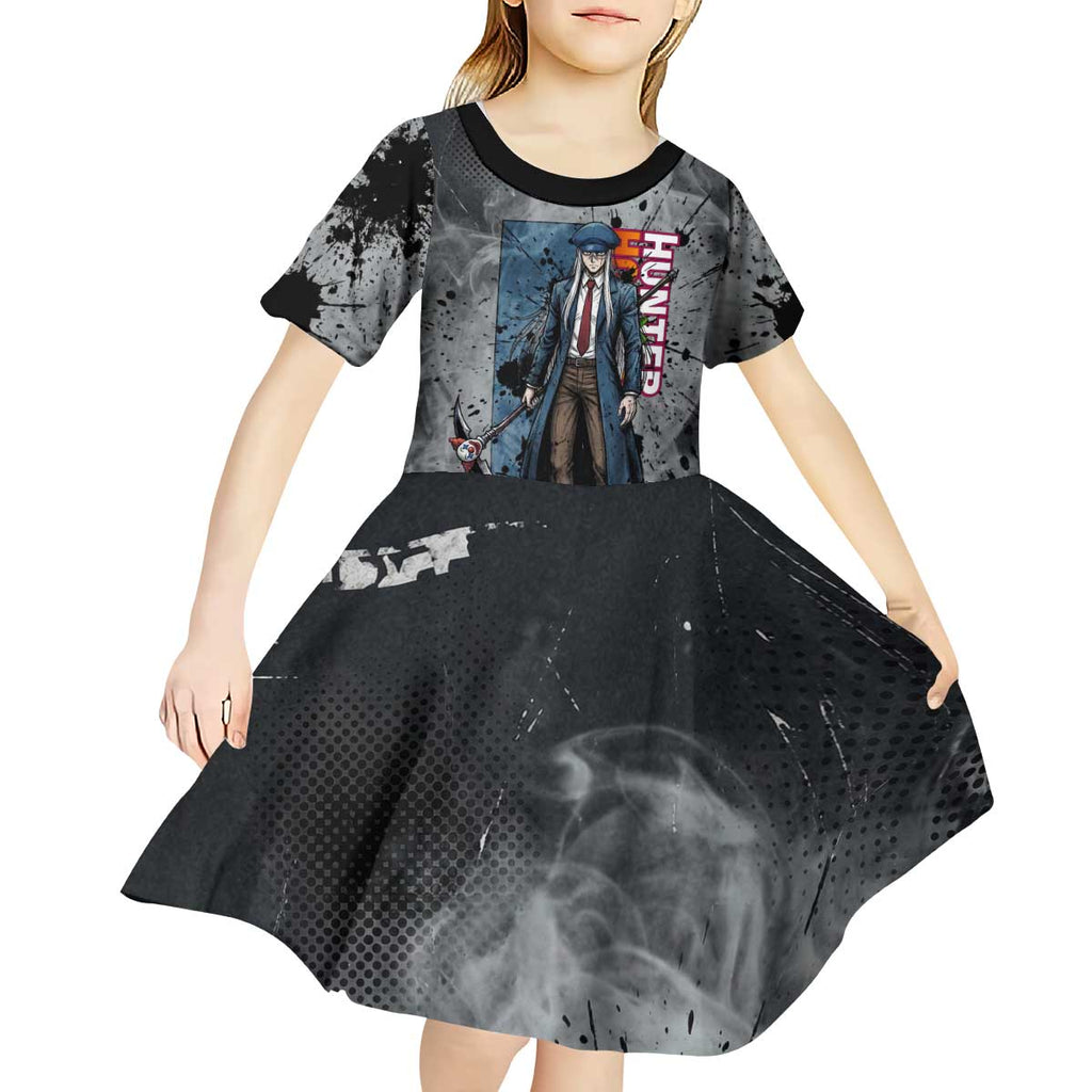 Chrollo Theme Gray Ink Splash Design Kid Short Sleeve Dress with Cross Weapon and Monochrome Aura Artwork - The Mazicc