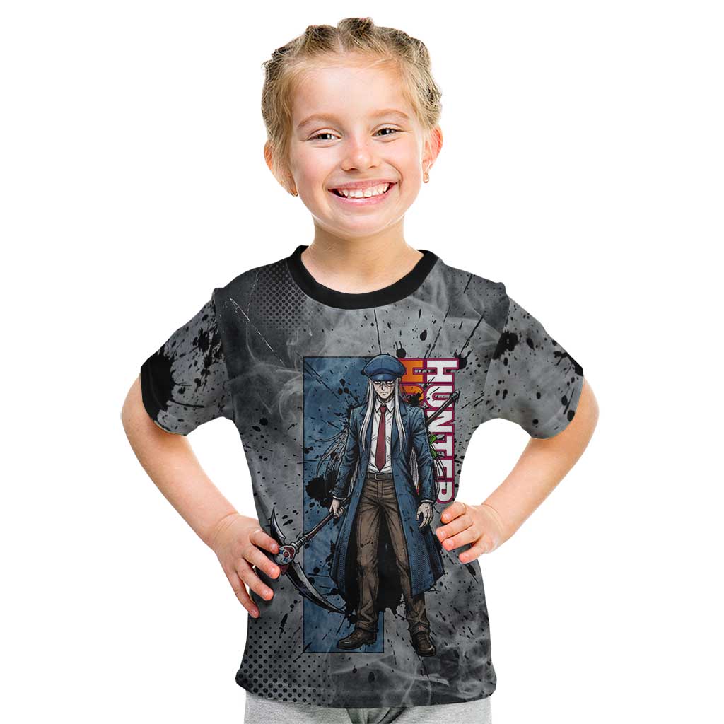 Chrollo Theme Gray Ink Splash Design Kid T Shirt with Cross Weapon and Monochrome Aura Artwork - The Mazicc