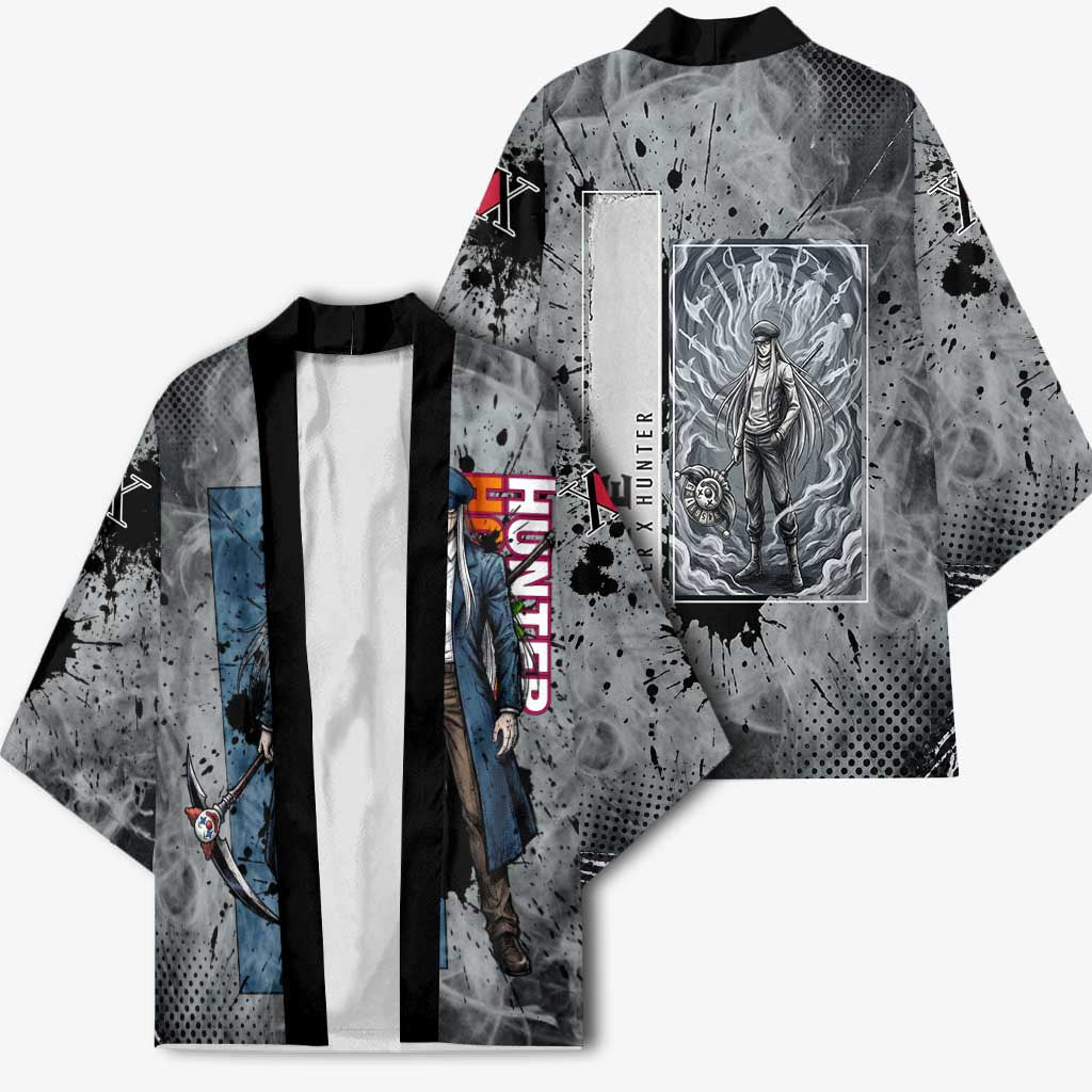 Chrollo Theme Gray Ink Splash Design Kimono with Cross Weapon and Monochrome Aura Artwork - The Mazicc