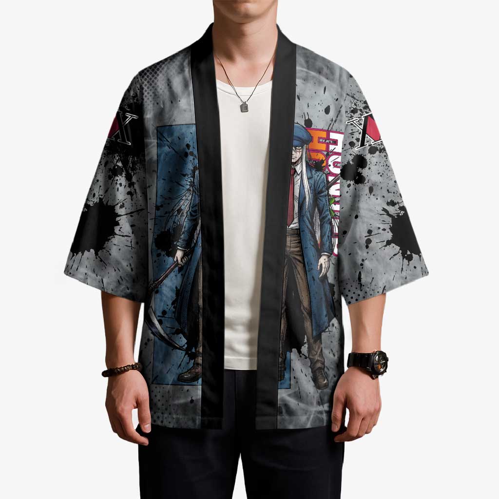 Chrollo Theme Gray Ink Splash Design Kimono with Cross Weapon and Monochrome Aura Artwork - The Mazicc