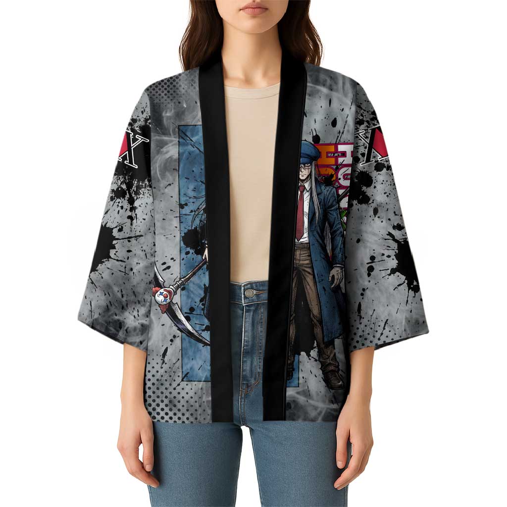 Chrollo Theme Gray Ink Splash Design Kimono with Cross Weapon and Monochrome Aura Artwork - The Mazicc