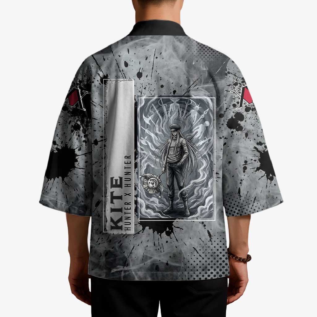 Chrollo Theme Gray Ink Splash Design Kimono with Cross Weapon and Monochrome Aura Artwork - The Mazicc