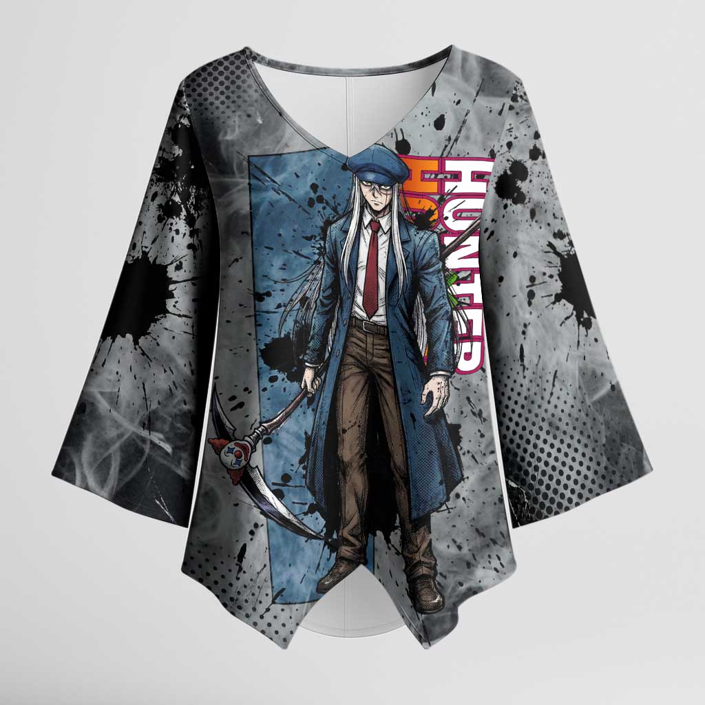Chrollo Theme Gray Ink Splash Design Kimono Sleeve Blouse with Cross Weapon and Monochrome Aura Artwork - The Mazicc