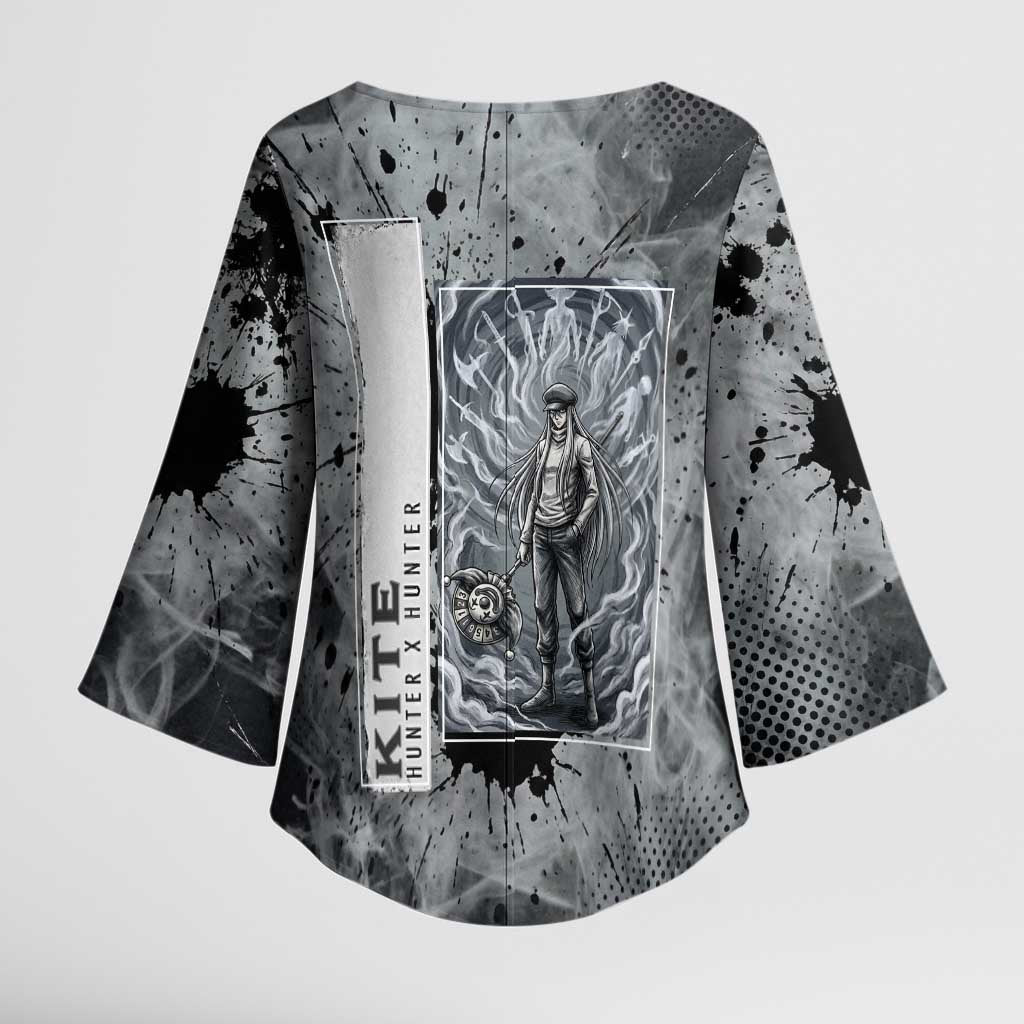 Chrollo Theme Gray Ink Splash Design Kimono Sleeve Blouse with Cross Weapon and Monochrome Aura Artwork - The Mazicc