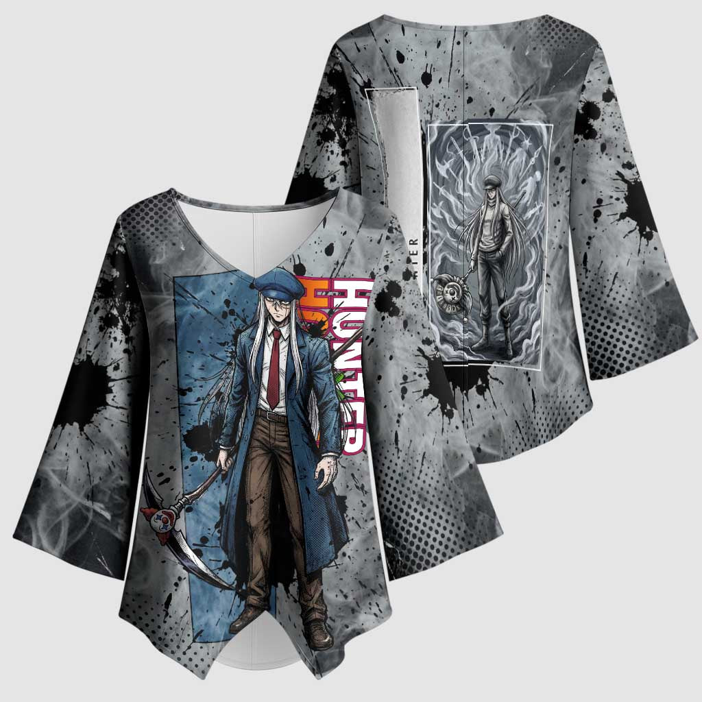 Chrollo Theme Gray Ink Splash Design Kimono Sleeve Blouse with Cross Weapon and Monochrome Aura Artwork - The Mazicc