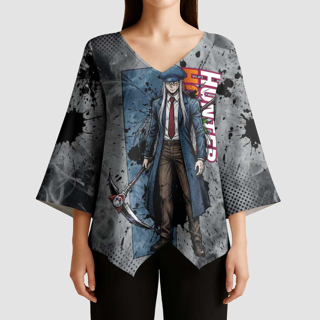 Chrollo Theme Gray Ink Splash Design Kimono Sleeve Blouse with Cross Weapon and Monochrome Aura Artwork - The Mazicc