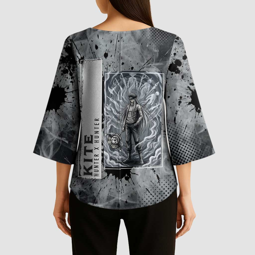 Chrollo Theme Gray Ink Splash Design Kimono Sleeve Blouse with Cross Weapon and Monochrome Aura Artwork - The Mazicc