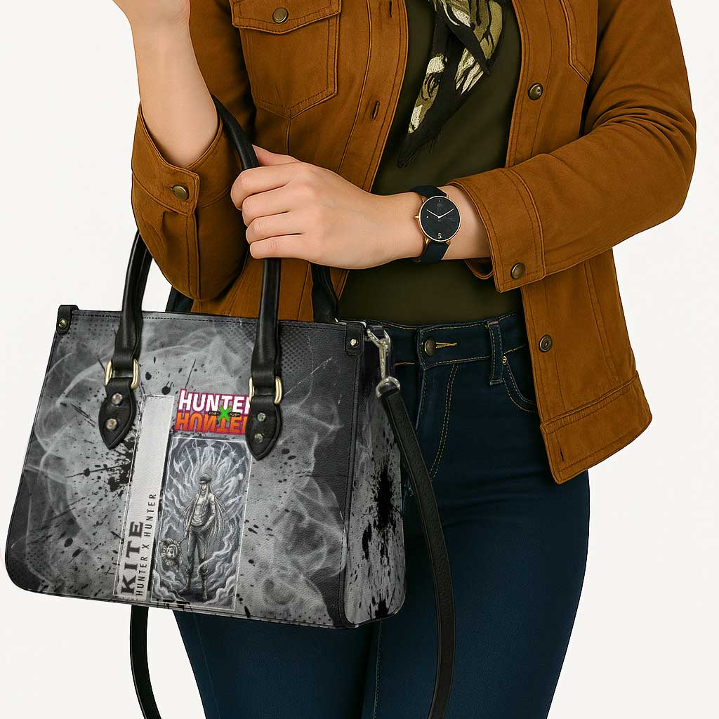 Chrollo Theme Gray Ink Splash Design Leather Bag with Cross Weapon and Monochrome Aura Artwork - The Mazicc