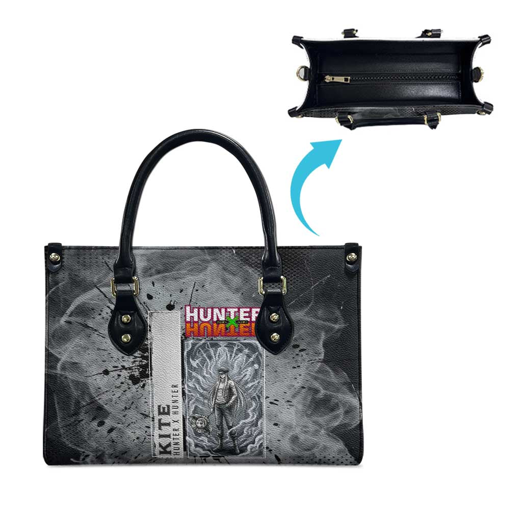Chrollo Theme Gray Ink Splash Design Leather Bag with Cross Weapon and Monochrome Aura Artwork - The Mazicc