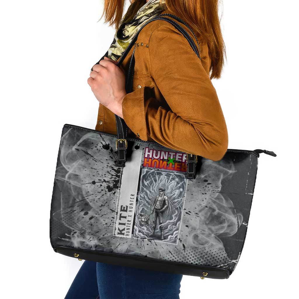 Chrollo Theme Gray Ink Splash Design Leather Tote Bag with Cross Weapon and Monochrome Aura Artwork - The Mazicc