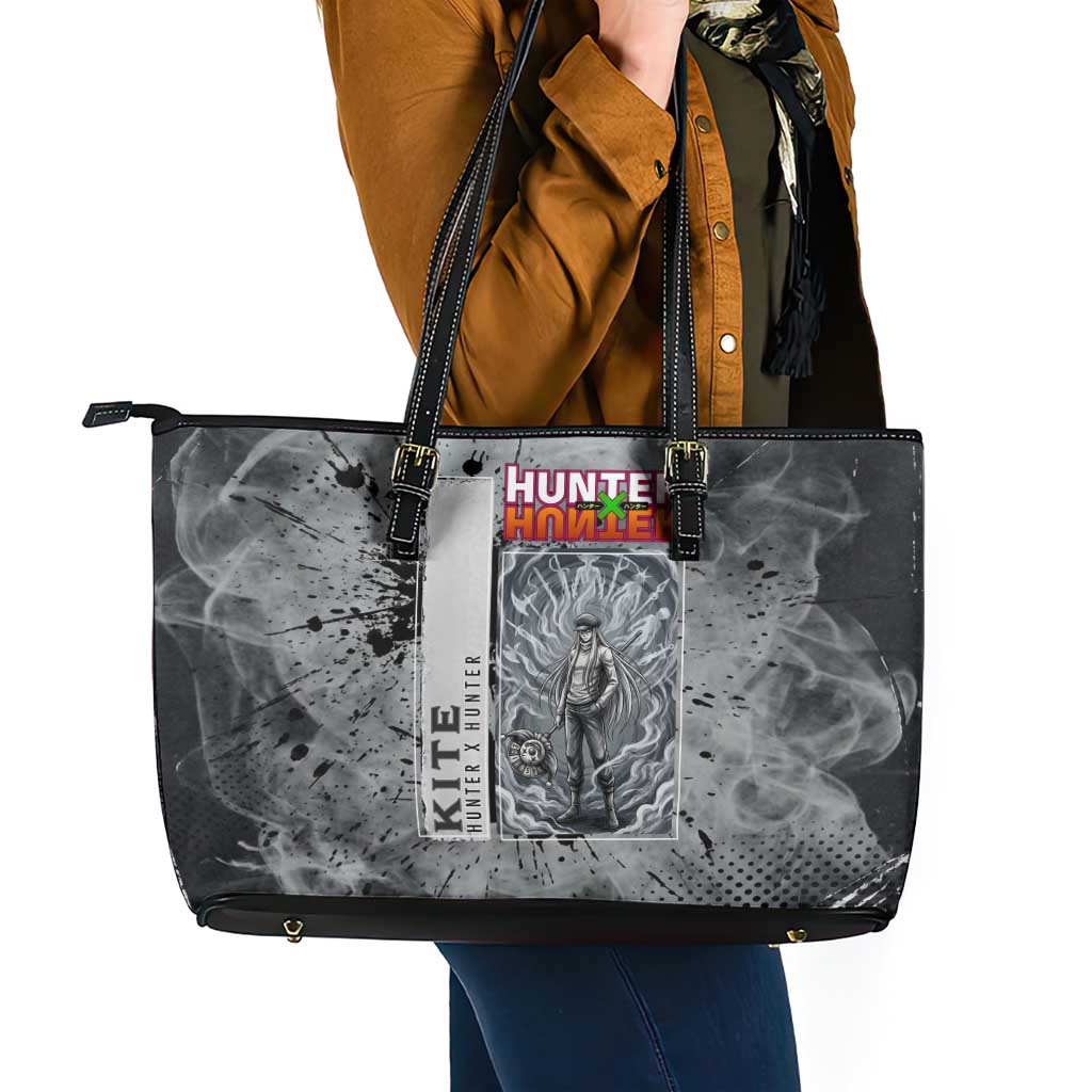 Chrollo Theme Gray Ink Splash Design Leather Tote Bag with Cross Weapon and Monochrome Aura Artwork - The Mazicc