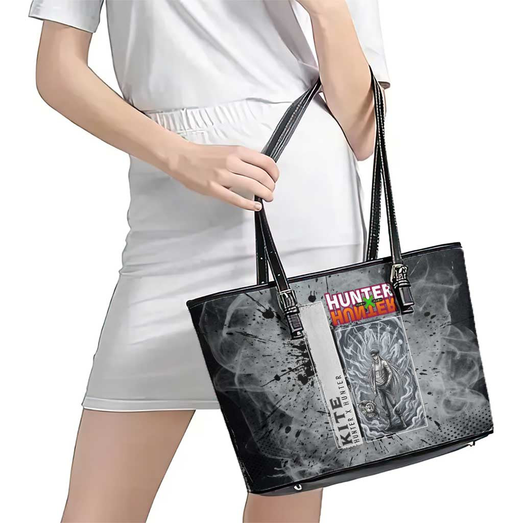 Chrollo Theme Gray Ink Splash Design Leather Tote Bag with Cross Weapon and Monochrome Aura Artwork - The Mazicc