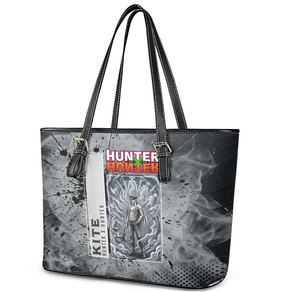 Chrollo Theme Gray Ink Splash Design Leather Tote Bag with Cross Weapon and Monochrome Aura Artwork - The Mazicc