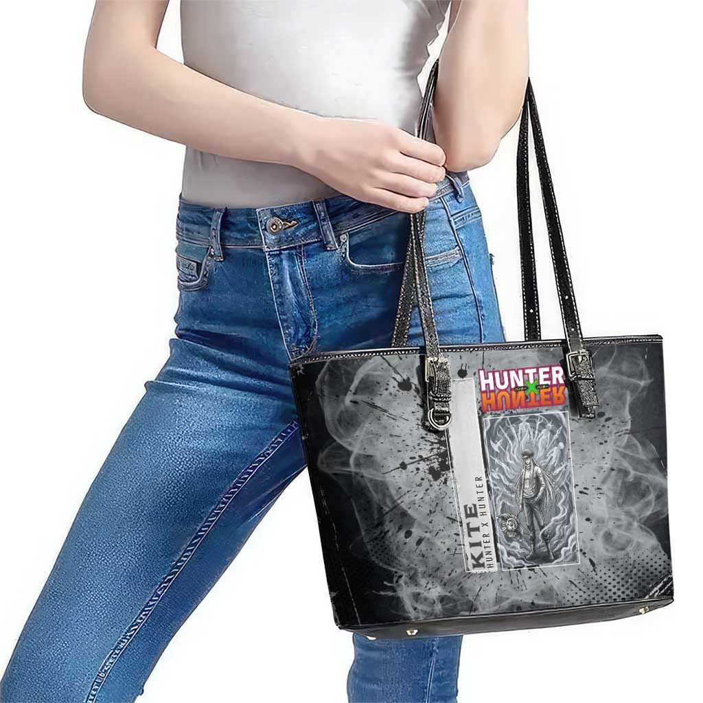 Chrollo Theme Gray Ink Splash Design Leather Tote Bag with Cross Weapon and Monochrome Aura Artwork - The Mazicc